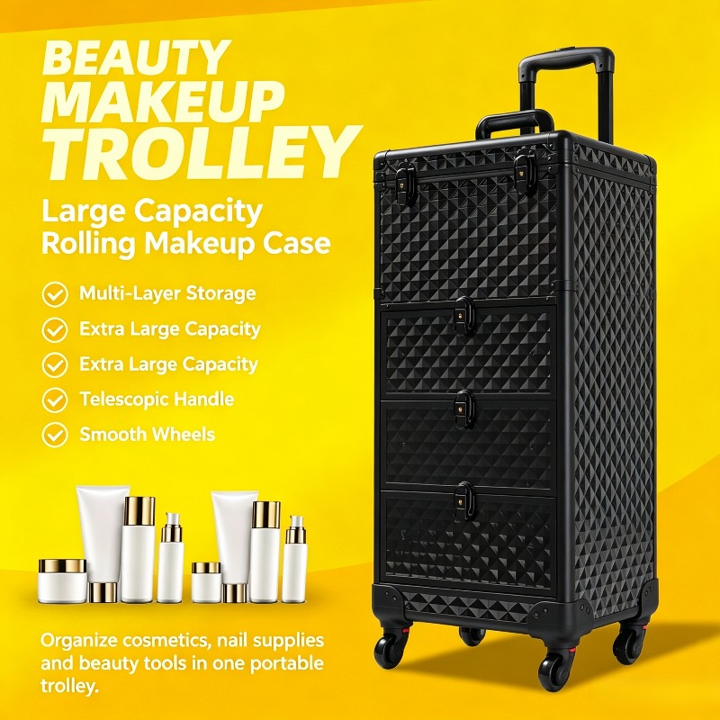 Beauty Without Makeup - 多層引き出し付きの移動式メイクアップ・ネイル練習ケース。車輪付きで、メイク、つけまつげ、ネイル技術の練習に最適な美容用トラベルトロリー。